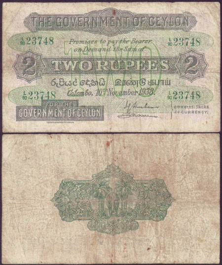 1938 Ceylon 2 Rupees (Fine) L000132